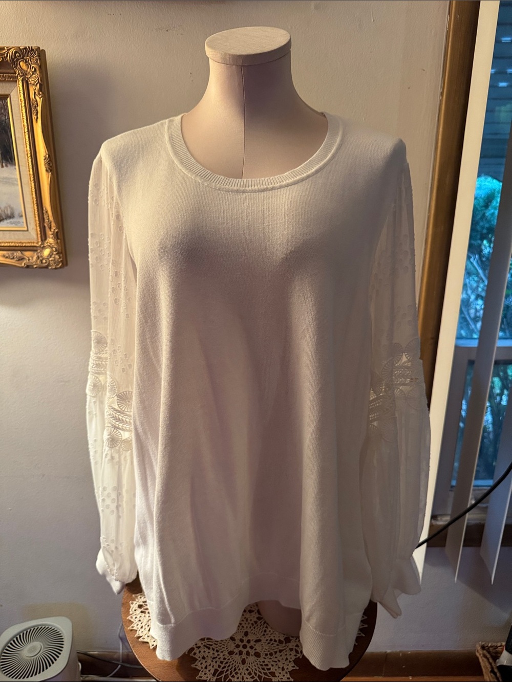 🐷🆕 Belle by Kim Gravel Graceful Lace Blouson Sleeve Sweater QVC A683711